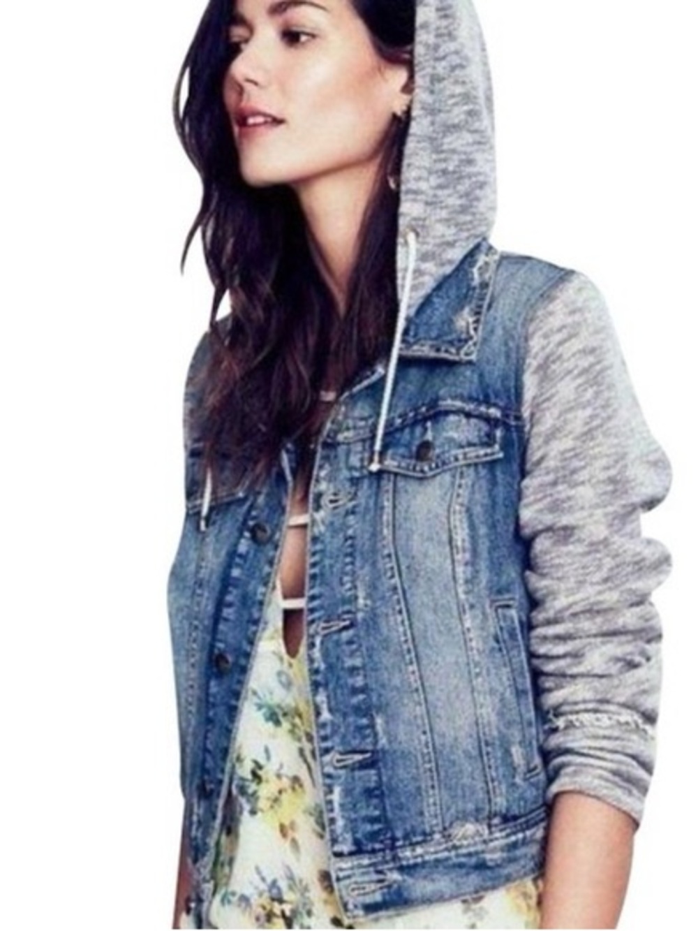 Free People Knit Hooded Denim Jacket with Blue Grey Sleeves - Small